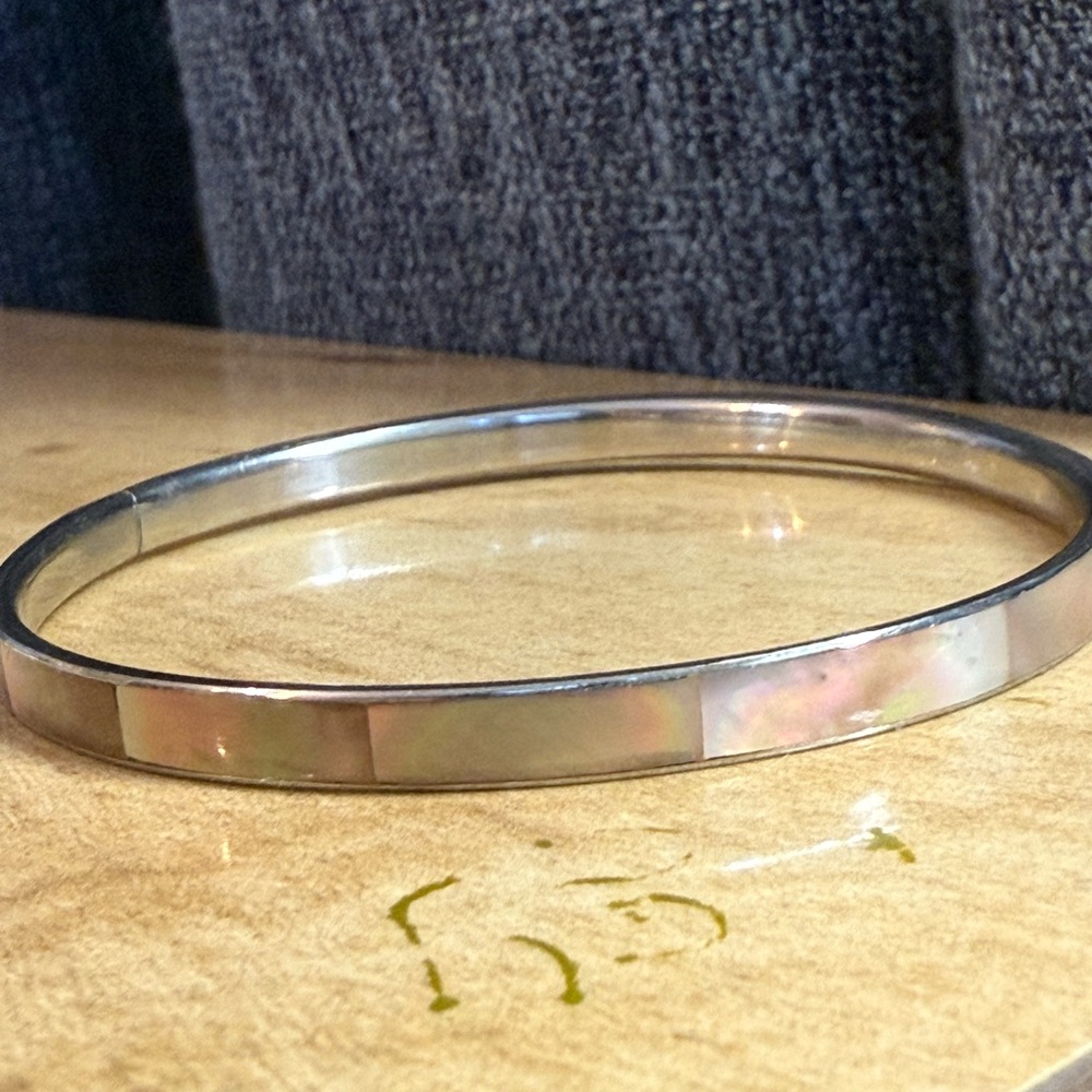 Handcrafted Sterling Silver Bangle with Mother of Pearl Inlay